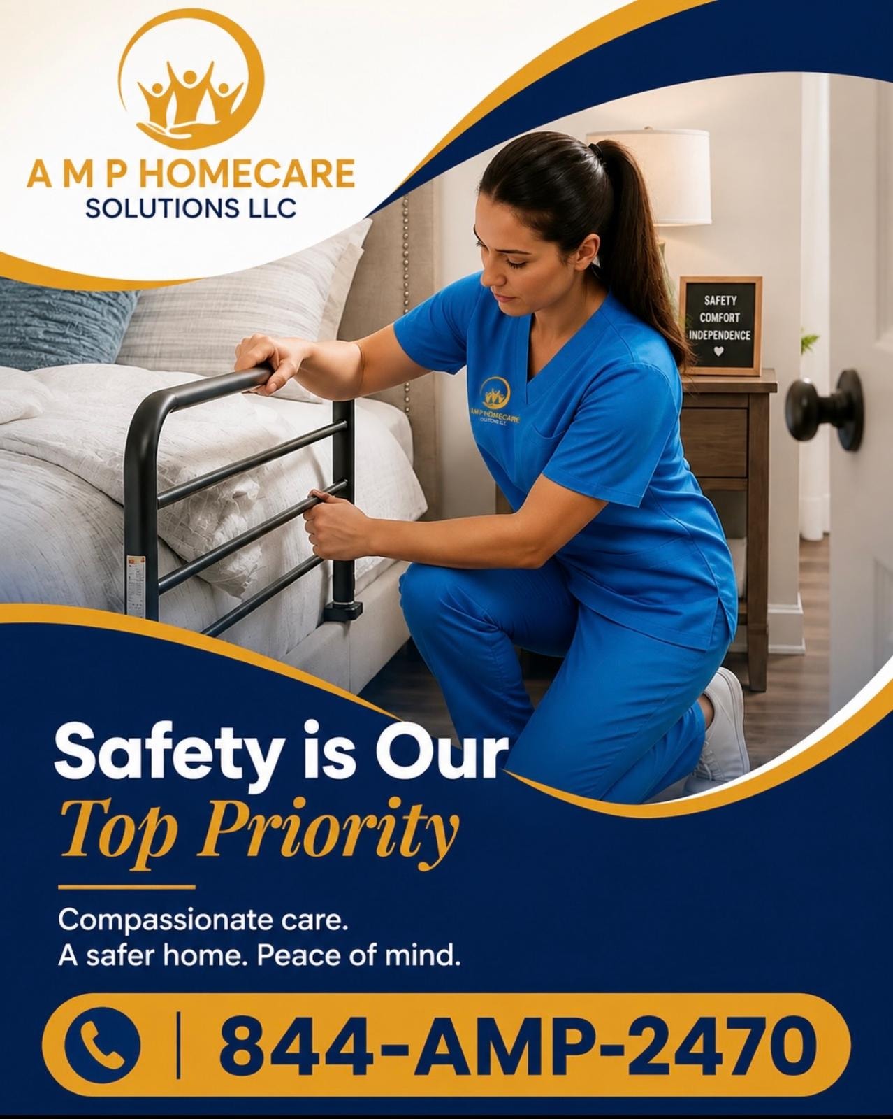 AMP HomeCare Solutions caregiver installing bed safety rail — Safety is Our Top Priority