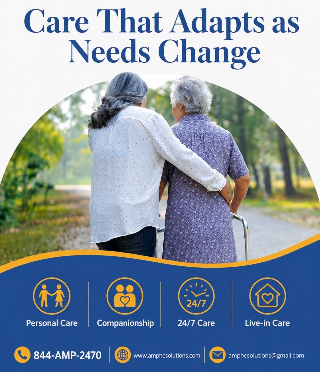 Care That Adapts as Needs Change — caregiver and elderly client walking outdoors with service icons